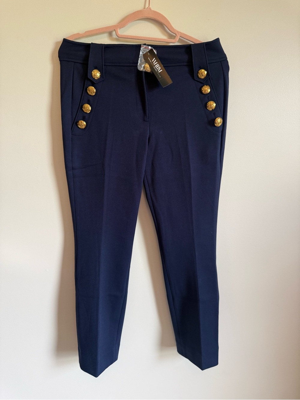 White House Black Market Navy Cropped Pants with Gold Button Detail